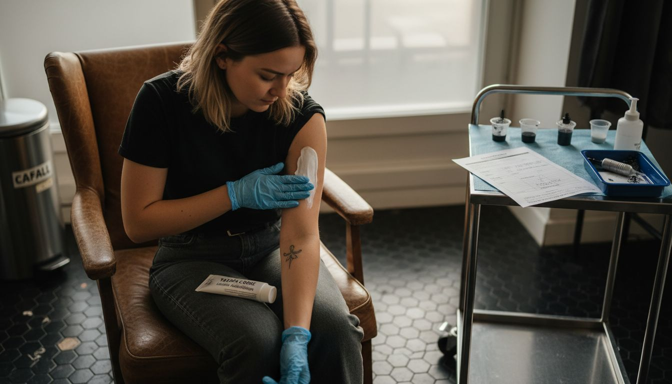Eine Frau trägt vor ihrer Tattoo-Sitzung im Studio Creme auf, um die Haut optimal vorzubereiten.