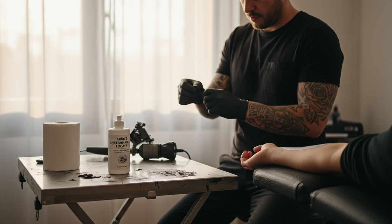 Le tatoueur s'apprête à appliquer une anesthésie locale sur le bras avant de commencer la séance.