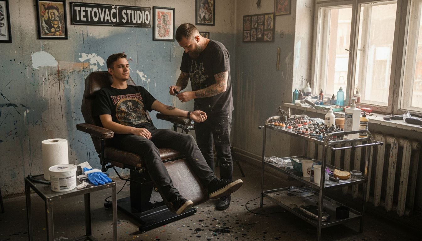 Tatér pečlivě připravuje citlivou pokožku klienta na tetovací seanci.