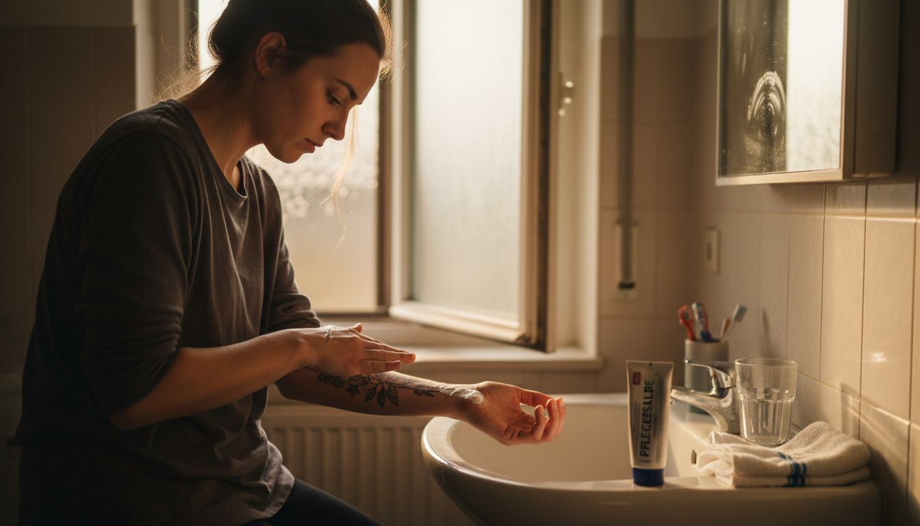 Eine Frau kümmert sich im Badezimmer um die frische Pflege ihres neuen Tattoos.