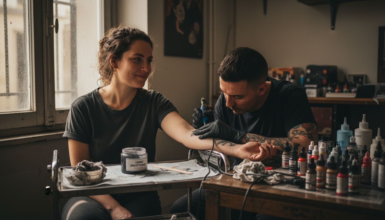 Un tatoueur applique une crème anesthésiante sur la peau de son client avant de commencer la séance en studio.