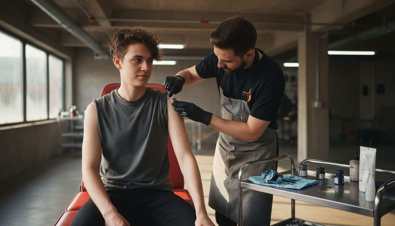 Tattoo artist applies numbing cream in shop
