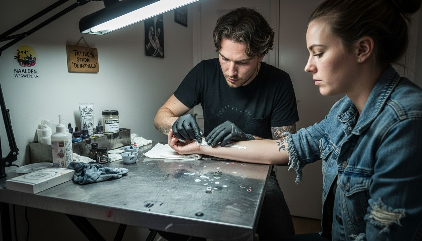 De tatoeëerder brengt verdovende crème aan op de onderarm.