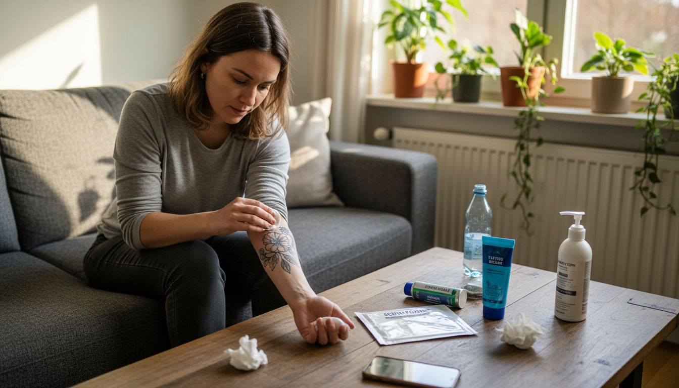 Eine Frau pflegt ihr frisch gestochenes Tattoo zu Hause.