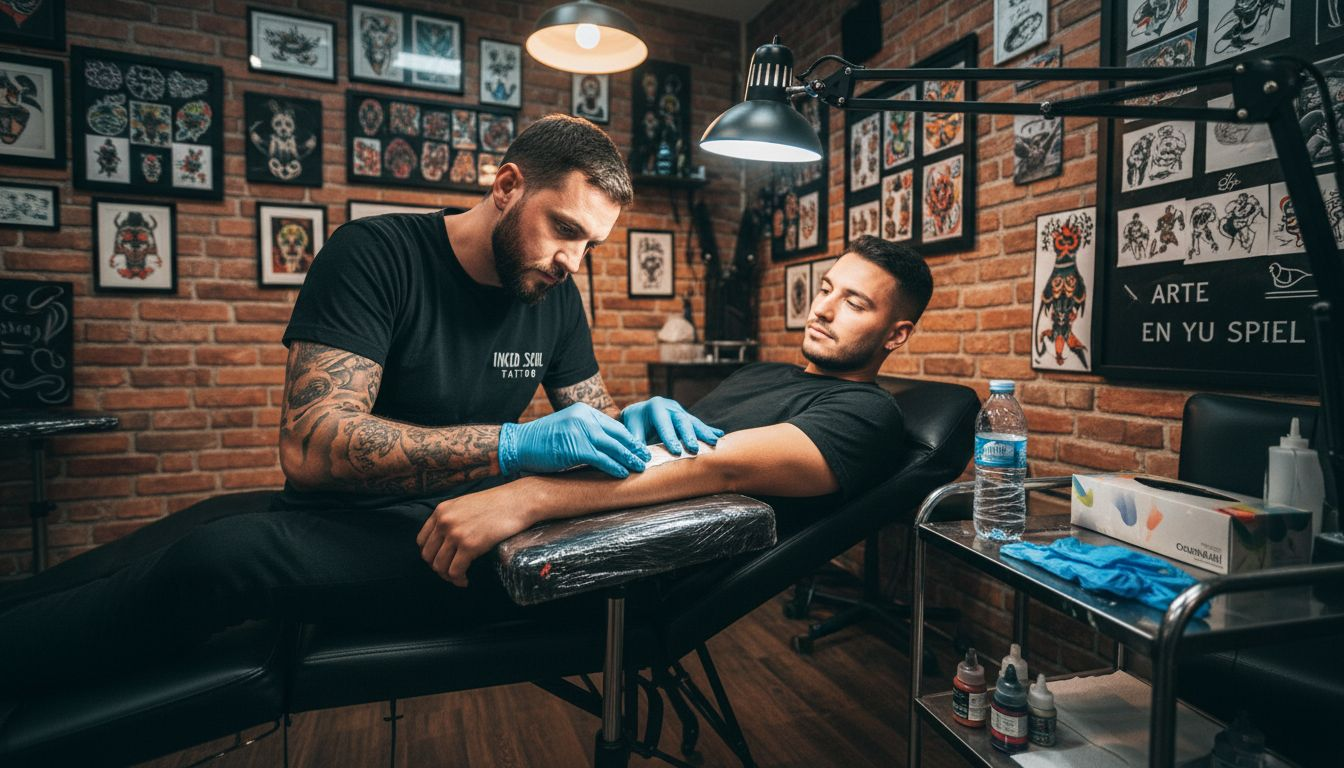 El tatuador está aplicando anestesia en el brazo del cliente antes de comenzar con el diseño.