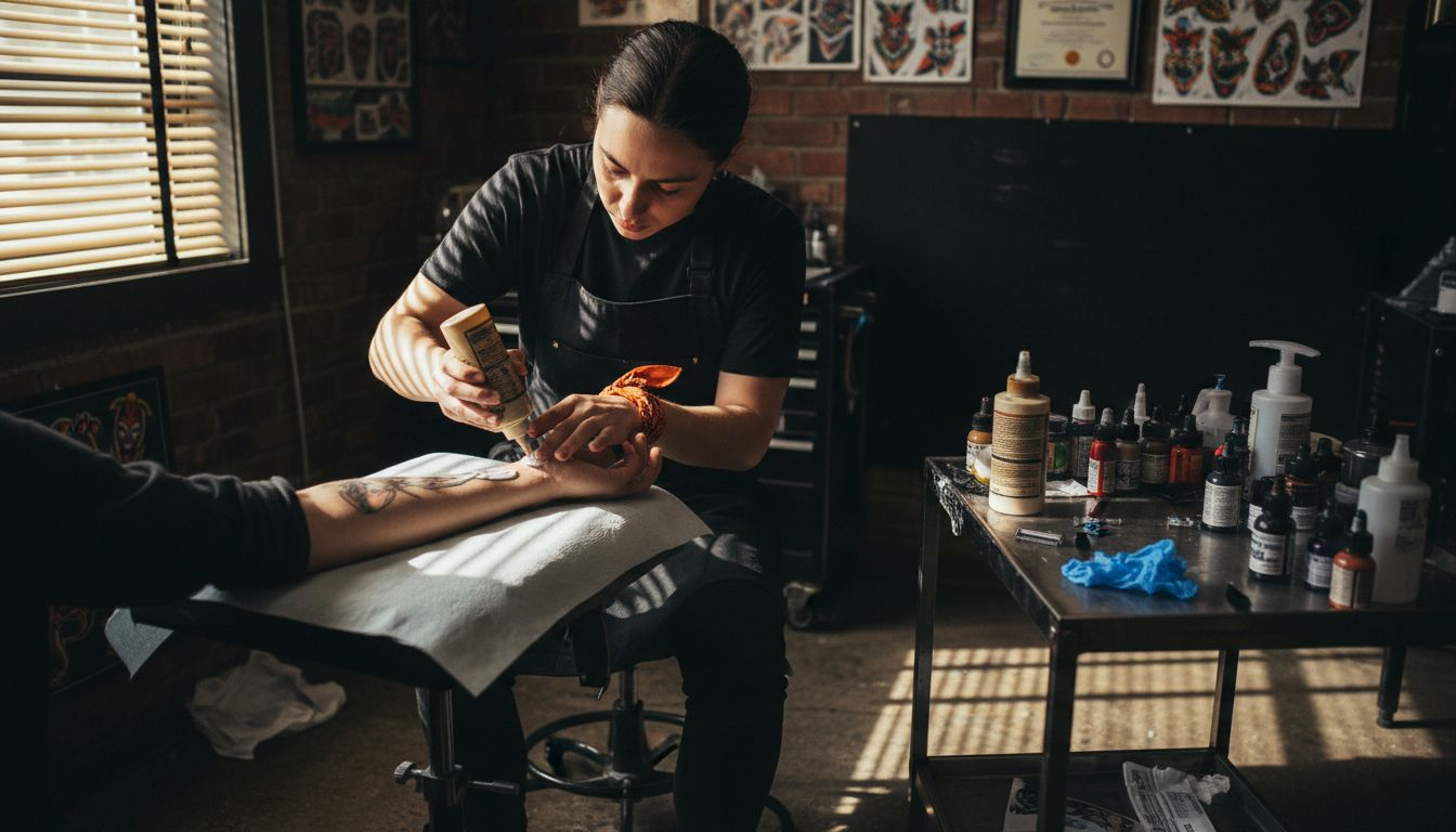 Tattoo artist applying numbing cream in studio