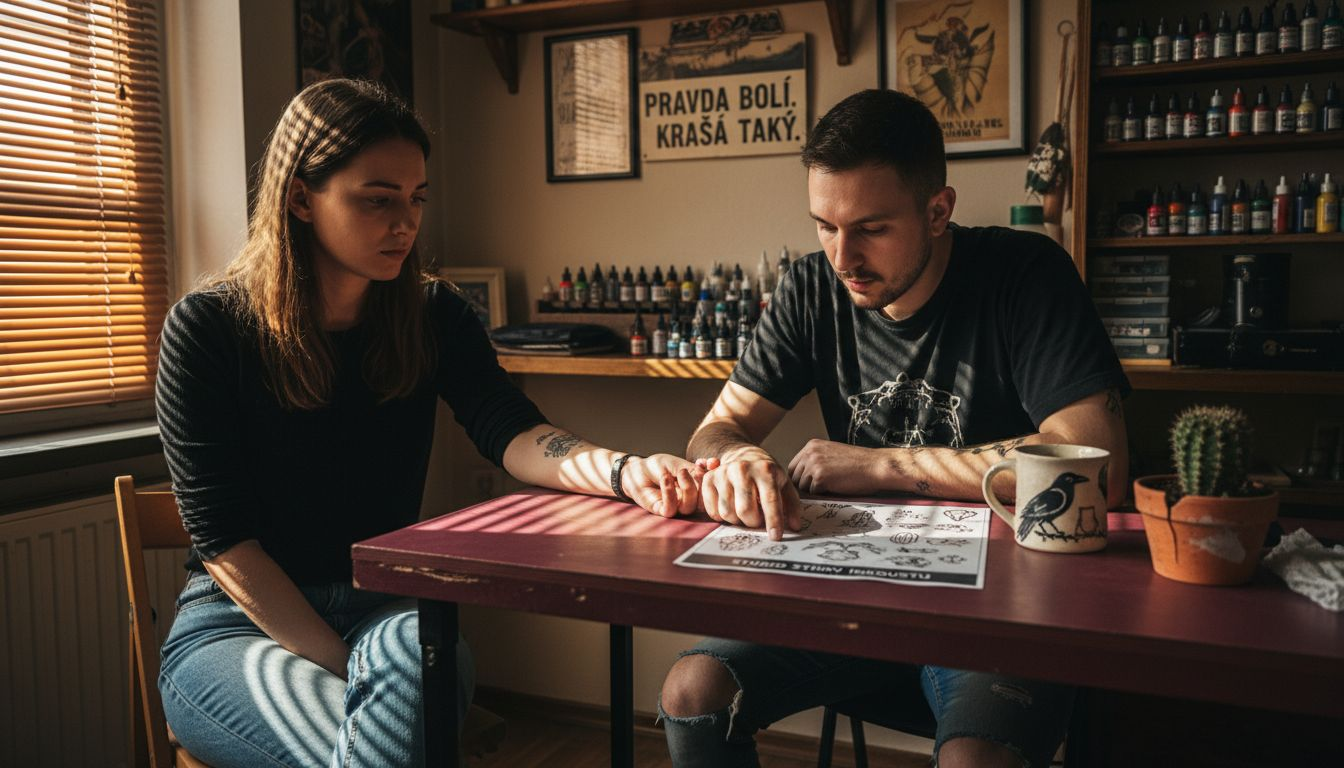 Zákazník se radí s tatérem, kam si nechat tetování umístit.