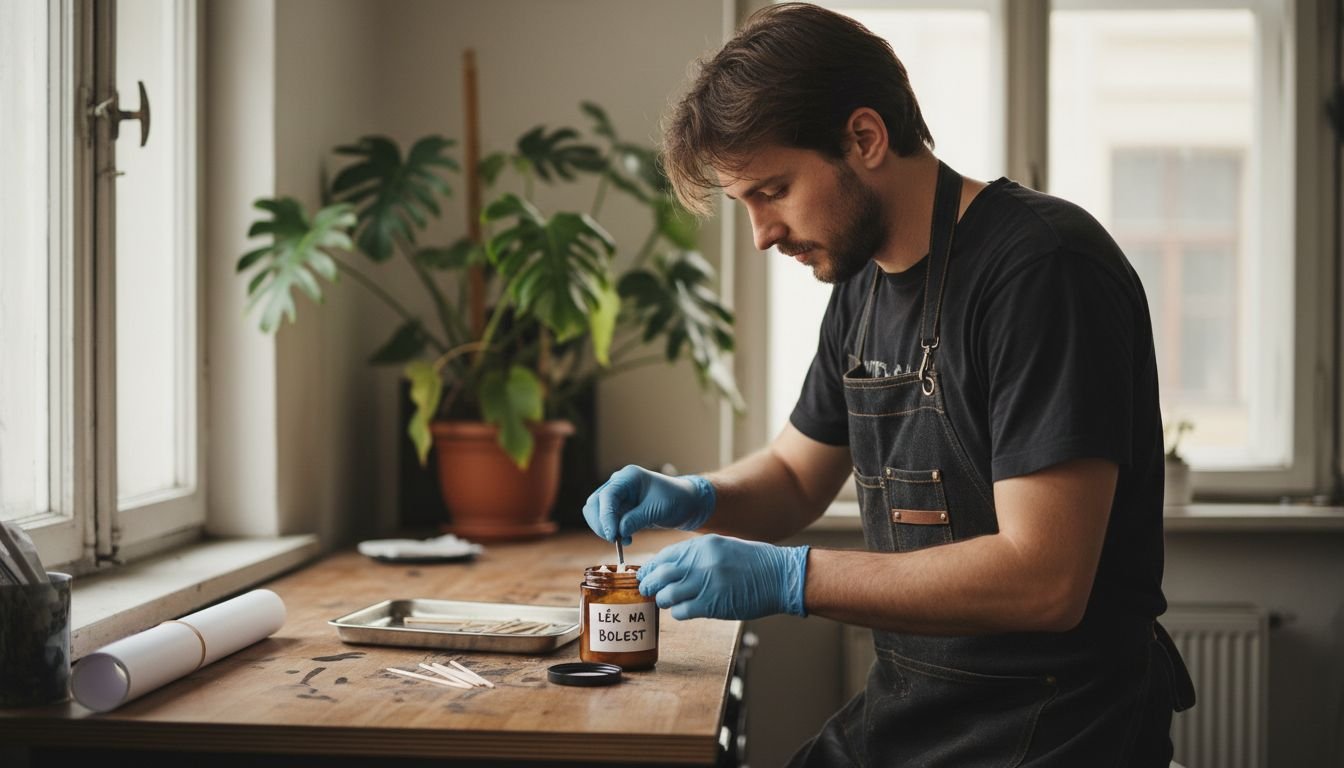 Tatér si připravuje ekologickou anestetickou mast, kterou použije před tetováním.