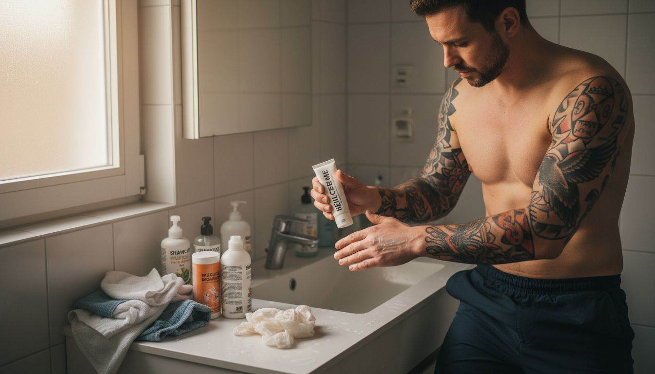 Eine tätowierte Person trägt im Badezimmer vorsichtig Salbe auf ihre Haut auf.