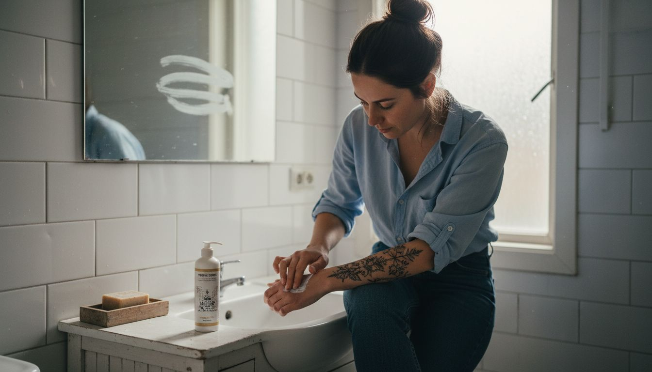 Im Badezimmer pflegt eine Frau ihr Tattoo mit einer speziellen Creme.