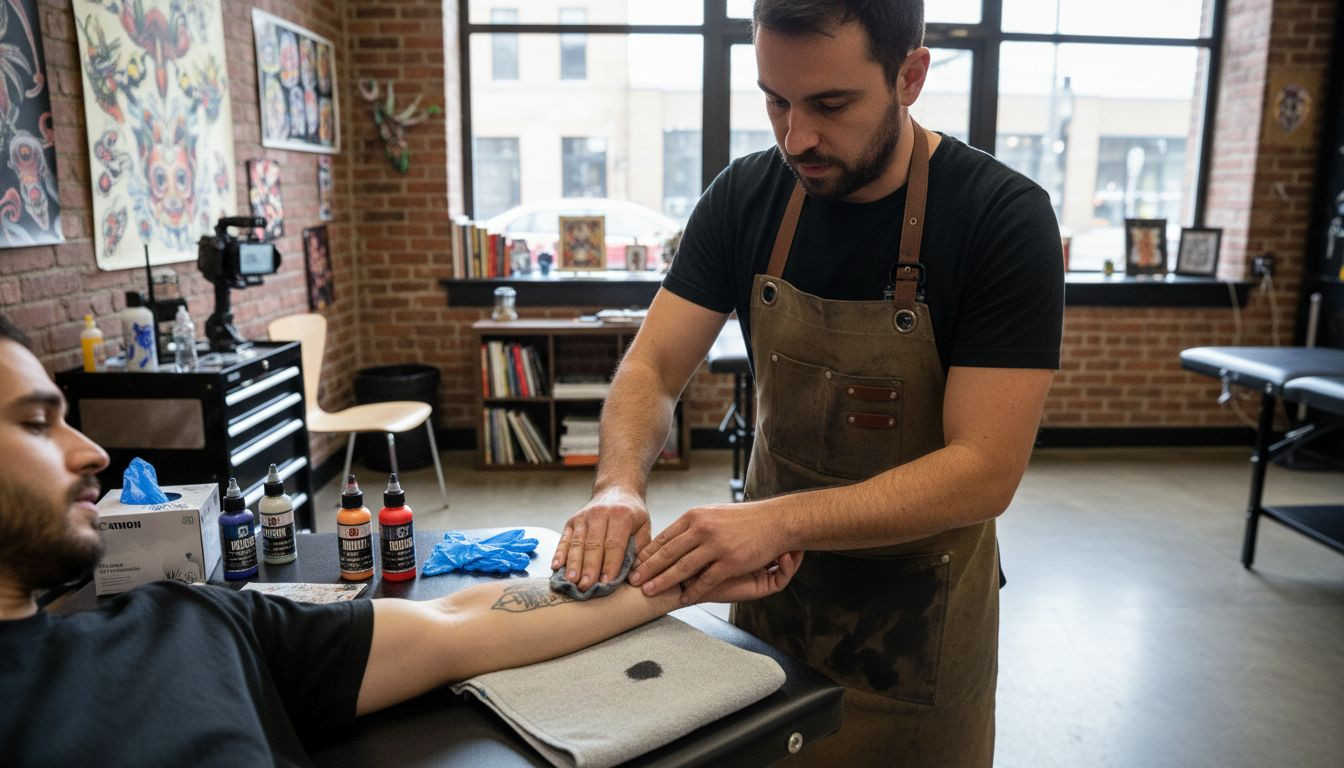 El tatuador aplica crema anestésica sobre la piel antes de empezar el trabajo.