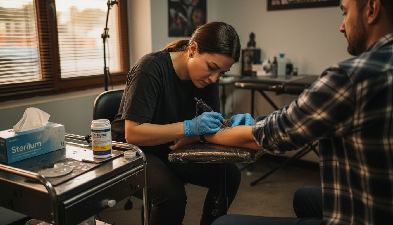 La tatuadora revisa la piel antes de aplicar la anestesia.