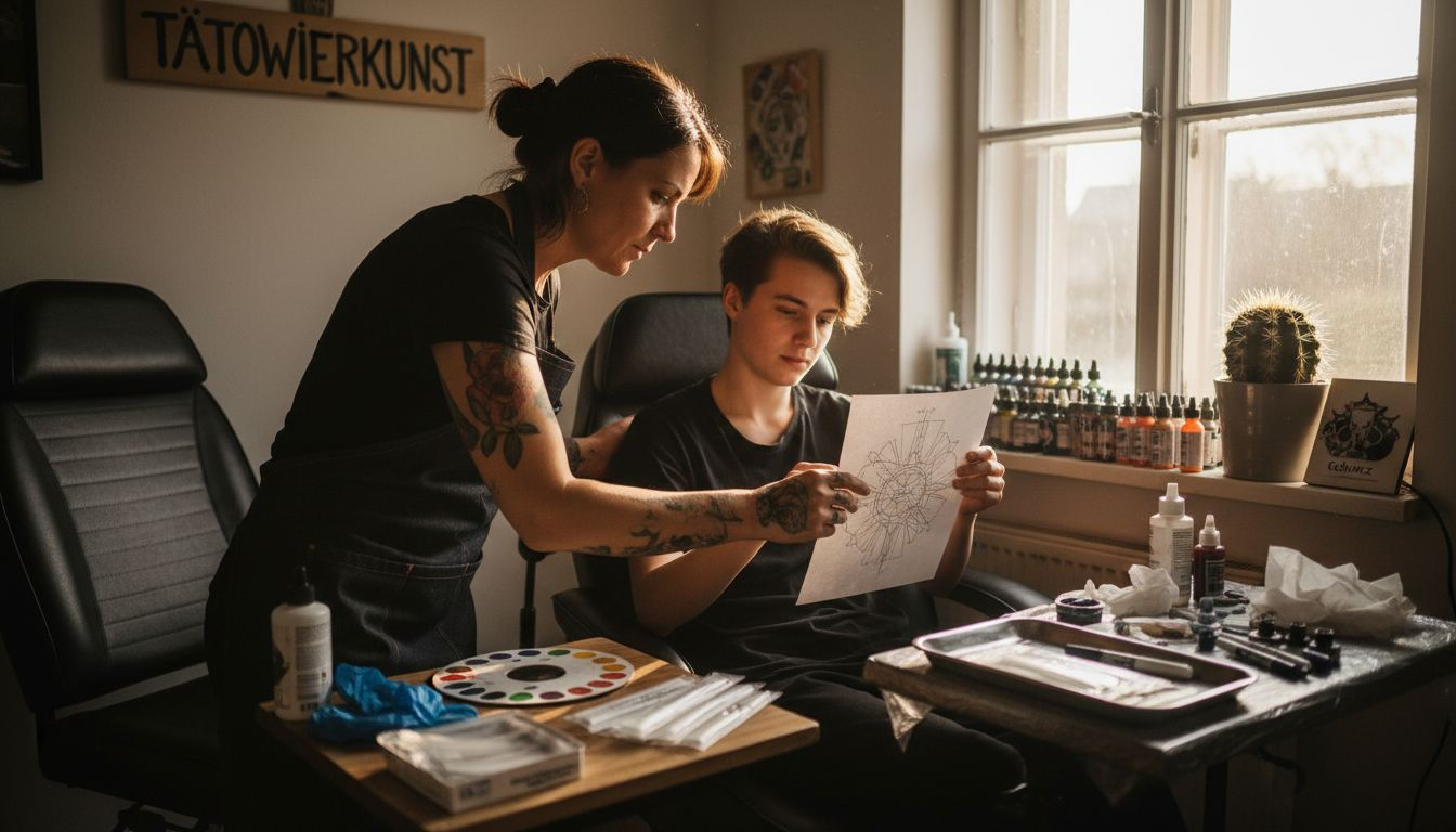 Ein Tätowierer bespricht gemeinsam mit seinem Kunden das gewünschte Motiv und die einzelnen Details.