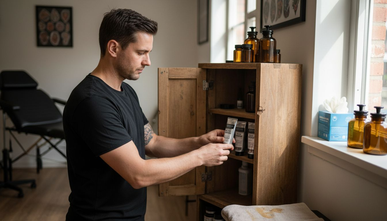Man bergt tattoo-crèmes op in voorraadkast