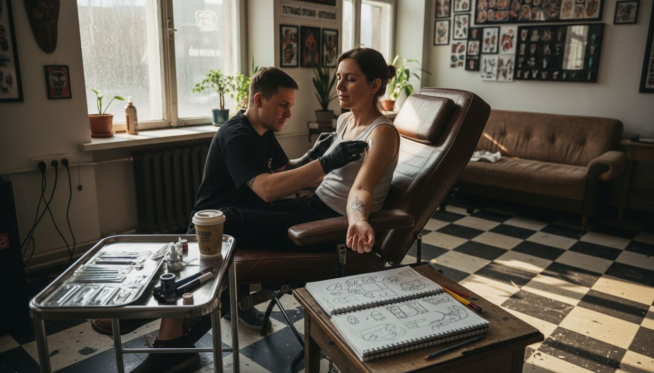 Tatér nanáší klientovi znecitlivující krém, aby mu zmírnil bolest před tetováním.