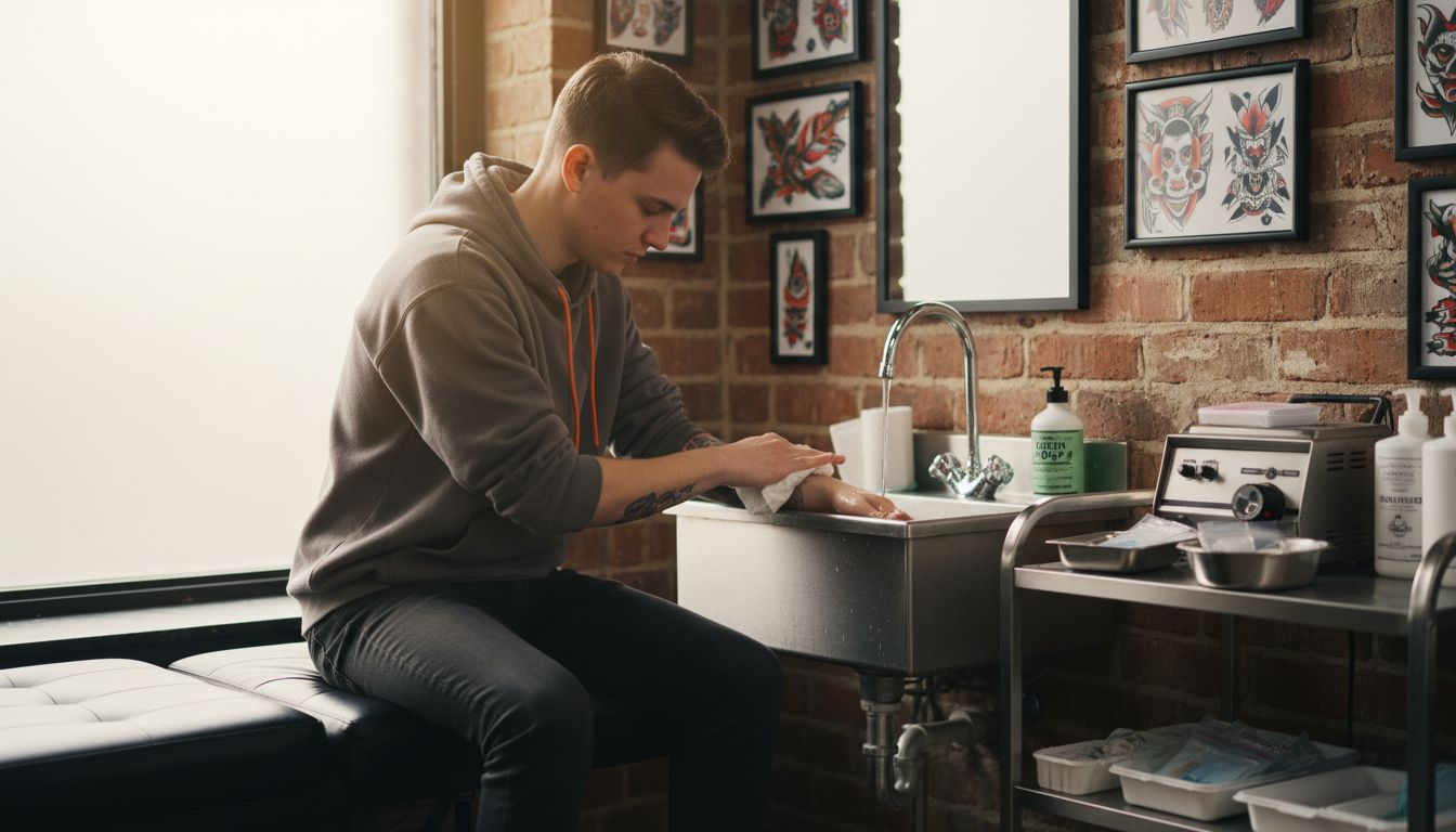 Person cleansing arm before tattoo in studio