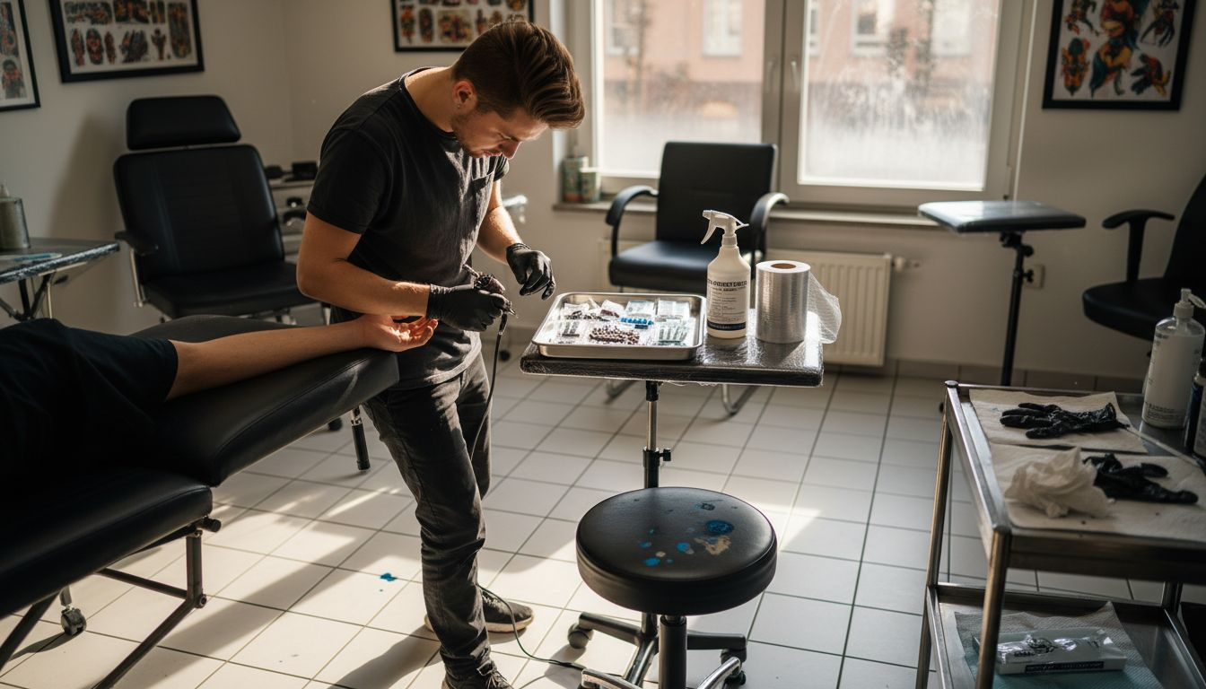 Bevor es losgeht, richtet der Tätowierer seinen Arbeitsplatz sorgfältig und hygienisch für die nächste Sitzung her.