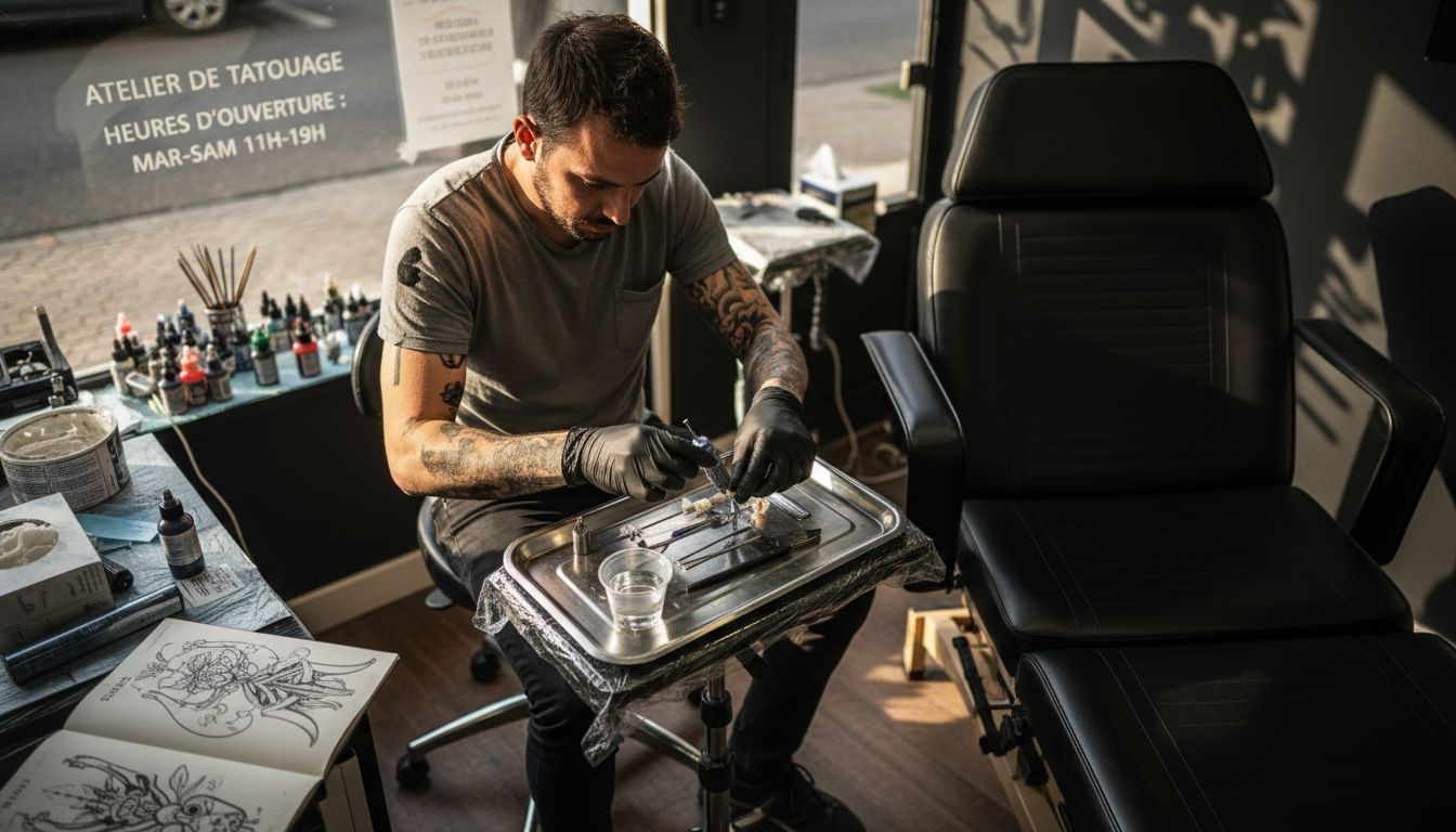 Un tatoueur s’affaire à préparer ses instruments dans l’ambiance chaleureuse de son atelier.