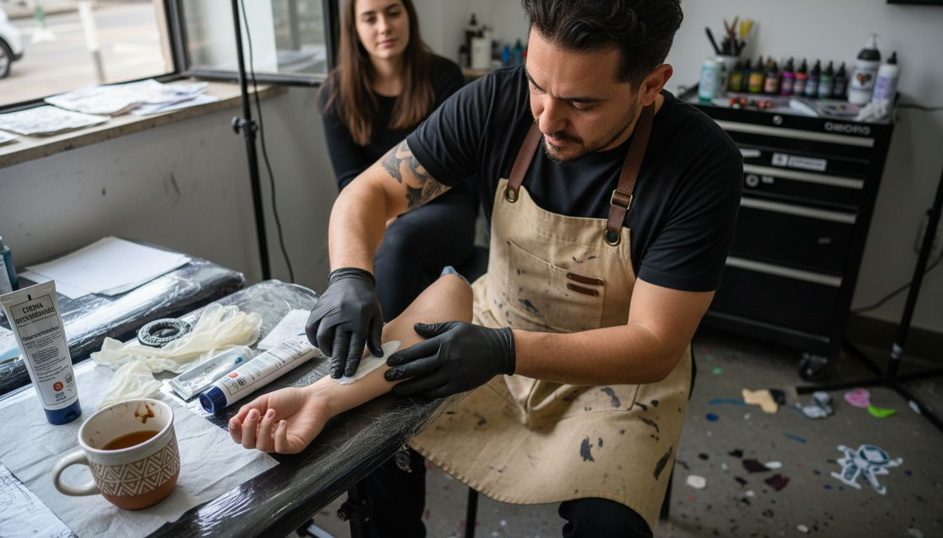 El tatuador aplica crema sobre la piel del cliente en su estudio.