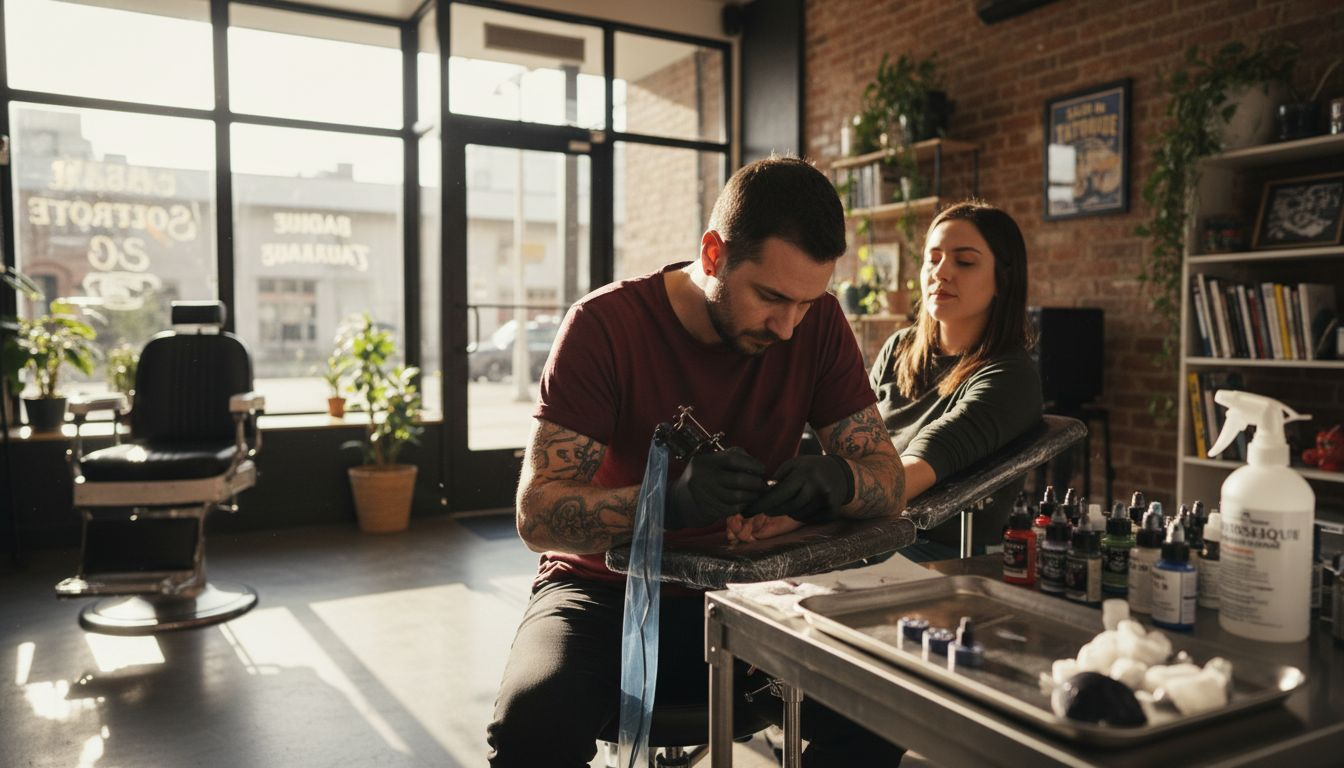 Un tatoueur en pleine séance avec son client, dans un atelier baigné de lumière naturelle.