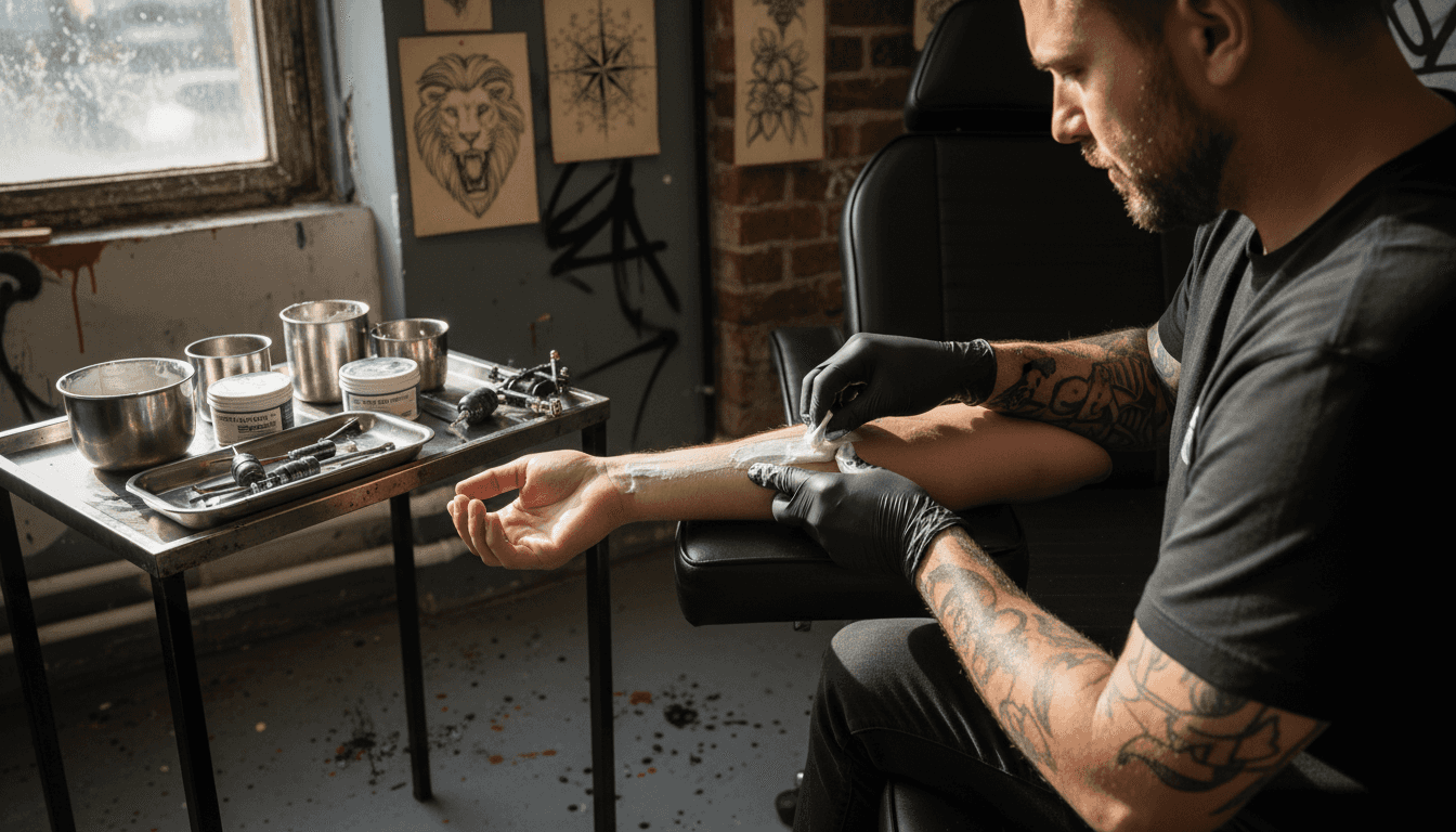Le tatoueur applique une crème anesthésiante sur le bras de son client avant de commencer le tatouage.