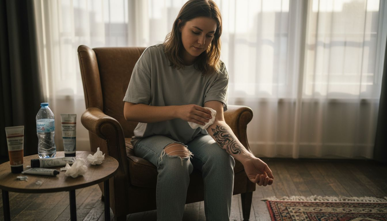 Vrouw verzorgt net gezette tatoeage thuis