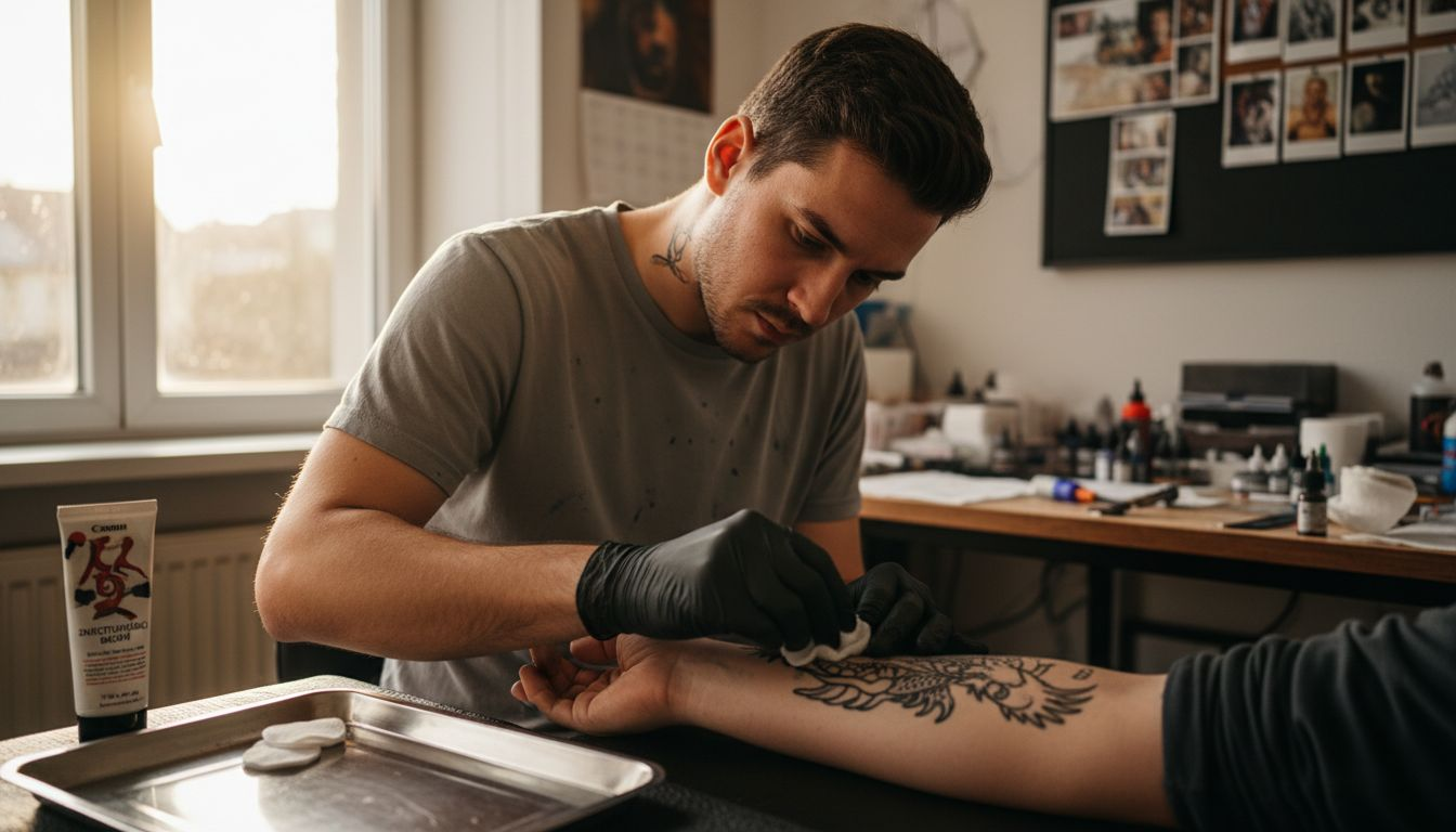 Tatér připravuje pokožku klienta na tetování.