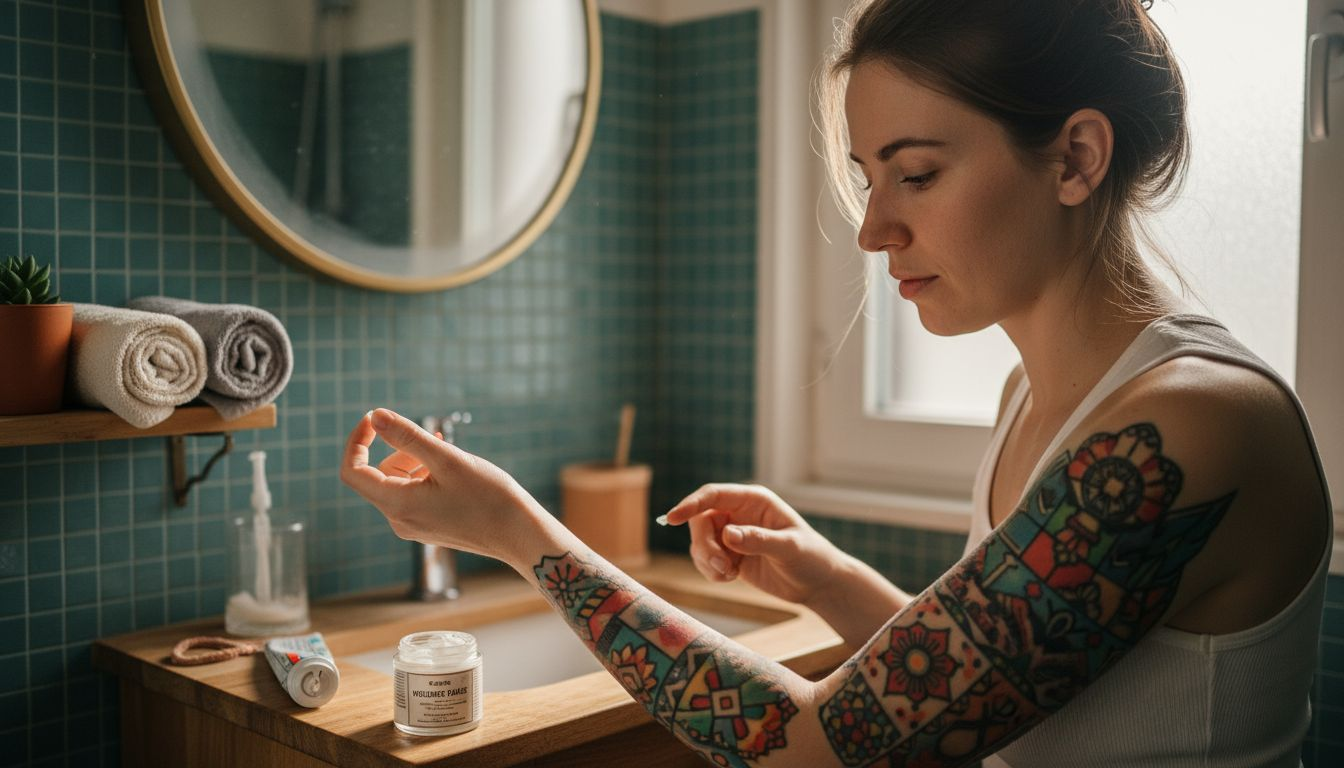 Frau pflegt ihr frisch gestochenes Tattoo zuhause