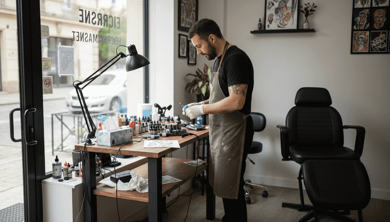 Le tatoueur s’affaire à installer son espace de travail dans le studio, veillant à ce que tout soit prêt avant de commencer une séance.