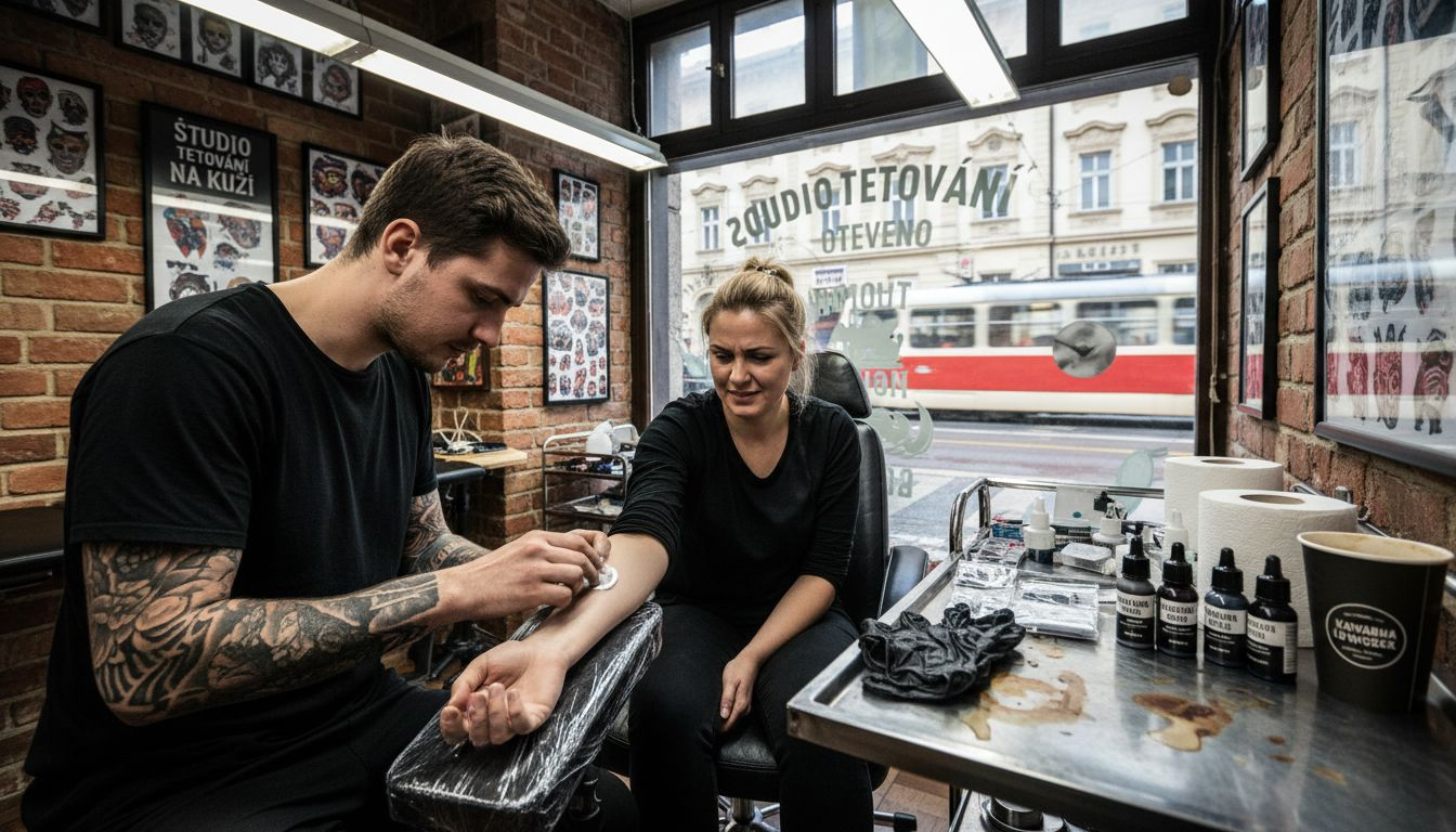 Tatér nanáší znecitlivující krém, aby klienta připravil na tetování.