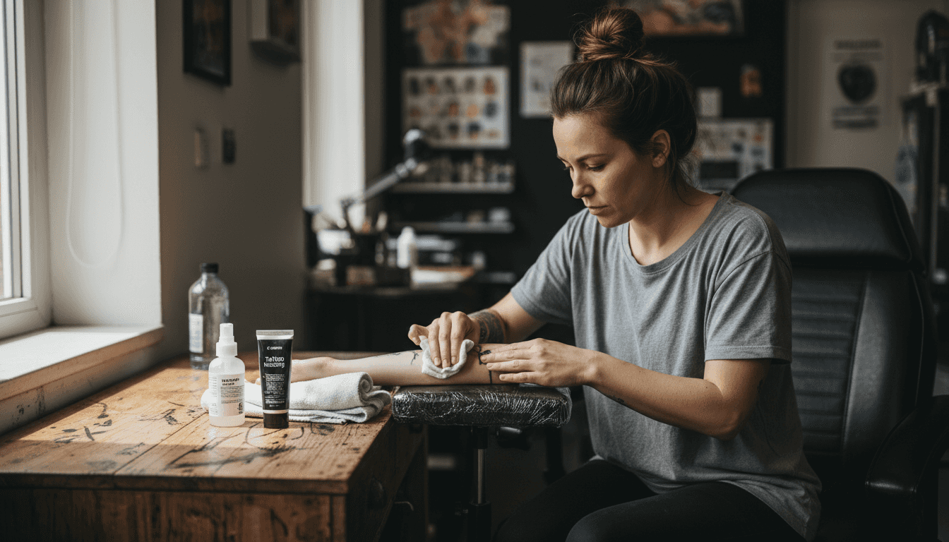 Vrouw maakt haar huid klaar voor een bezoek aan de tattooshop