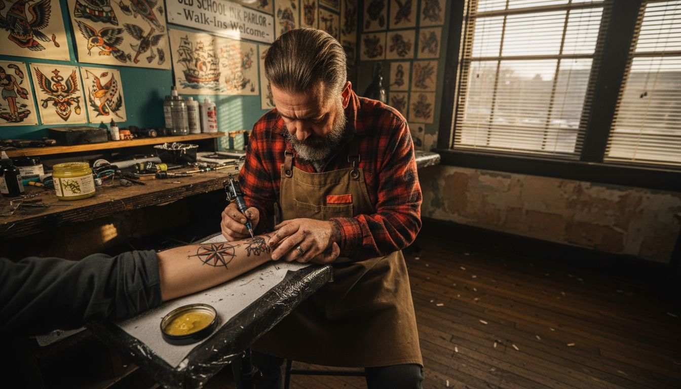 Old-style tattoo artist at work applying pain aid