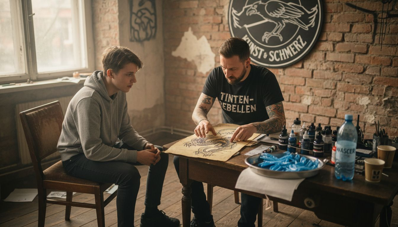 Ein Tätowierer spricht beruhigend mit einem aufgeregten Kunden und nimmt ihm die Nervosität vor dem Stechen.