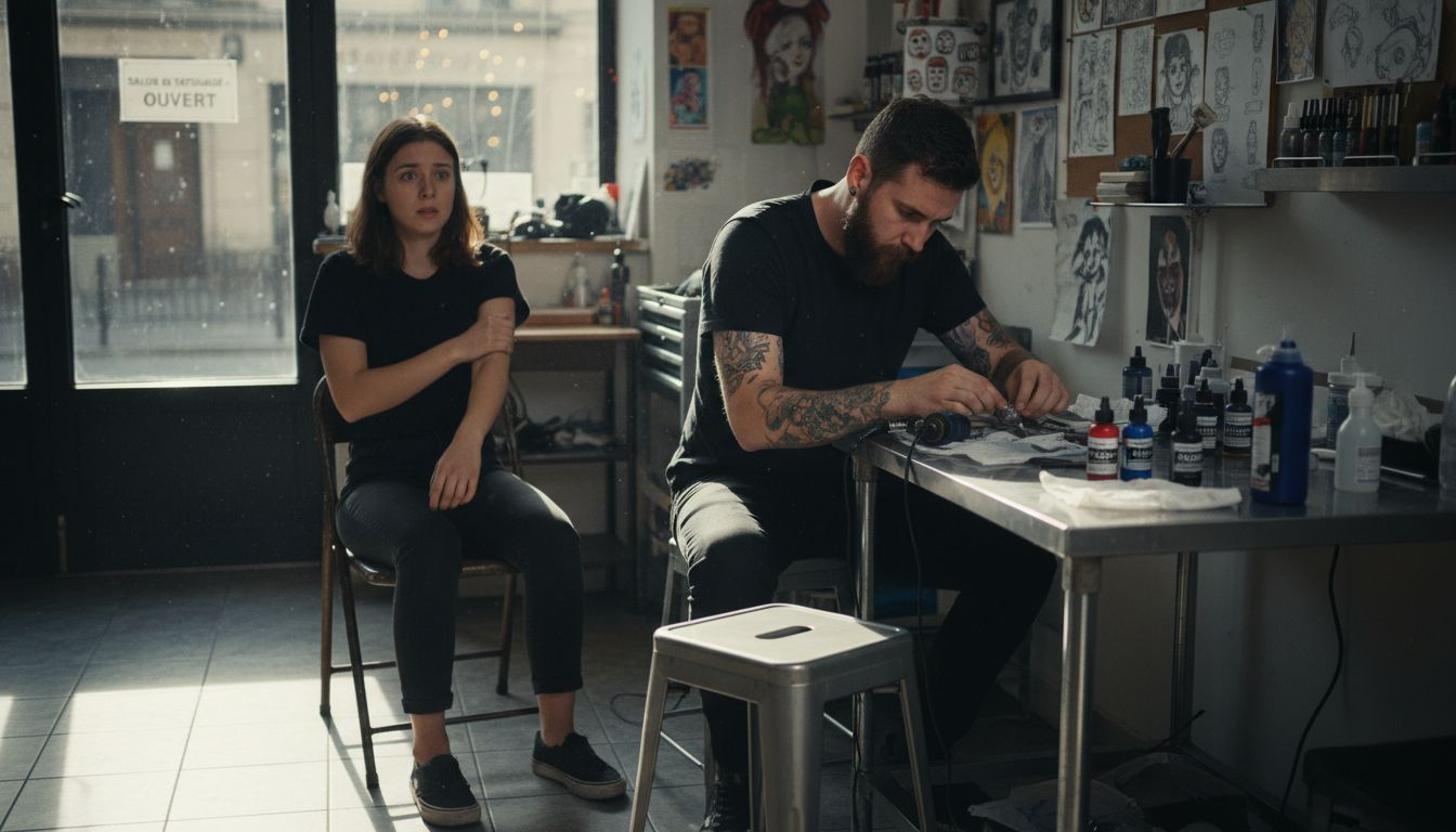 Une tatoueuse rassure une jeune femme nerveuse avant son tout premier tatouage.