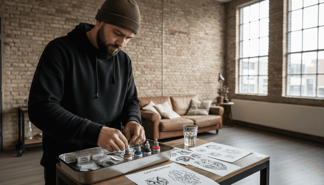 Een tatoeëerder maakt zijn werkplek in een hippe stadsstudio klaar voor de volgende sessie.