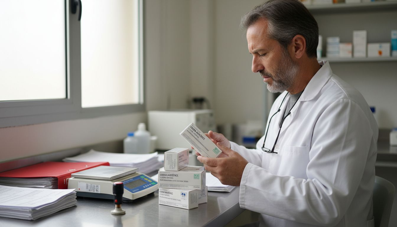 Un inspector examina las cremas anestésicas y revisa la documentación relacionada.