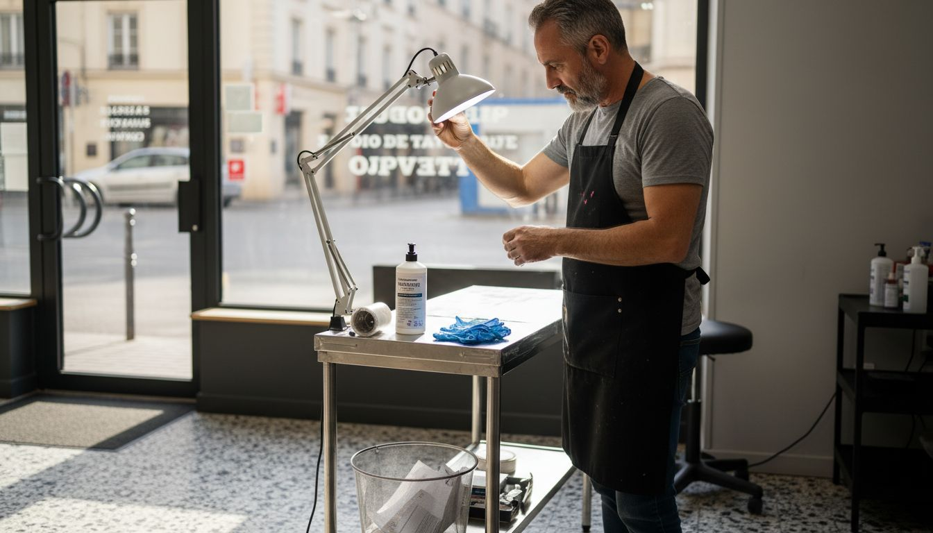Le tatoueur s’affaire à installer et désinfecter son poste avant l’arrivée du client.