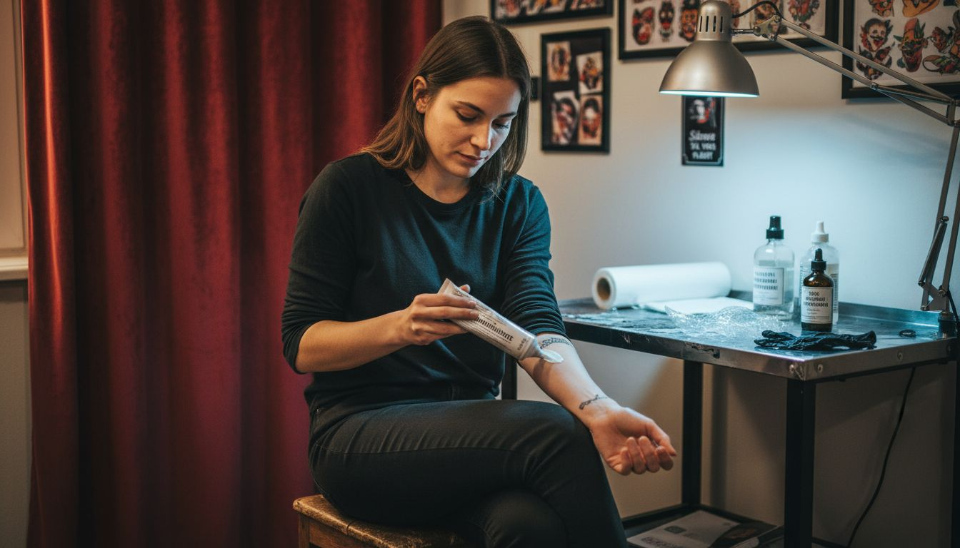 Une femme s'apprête à se faire tatouer en appliquant une crème anesthésiante sur sa peau.