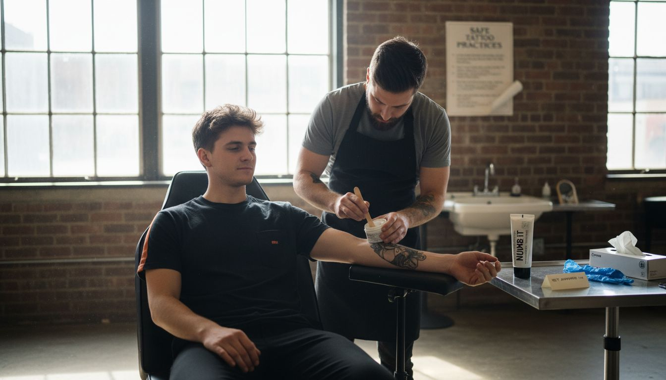 Tattoo artist applying numbing cream in studio
