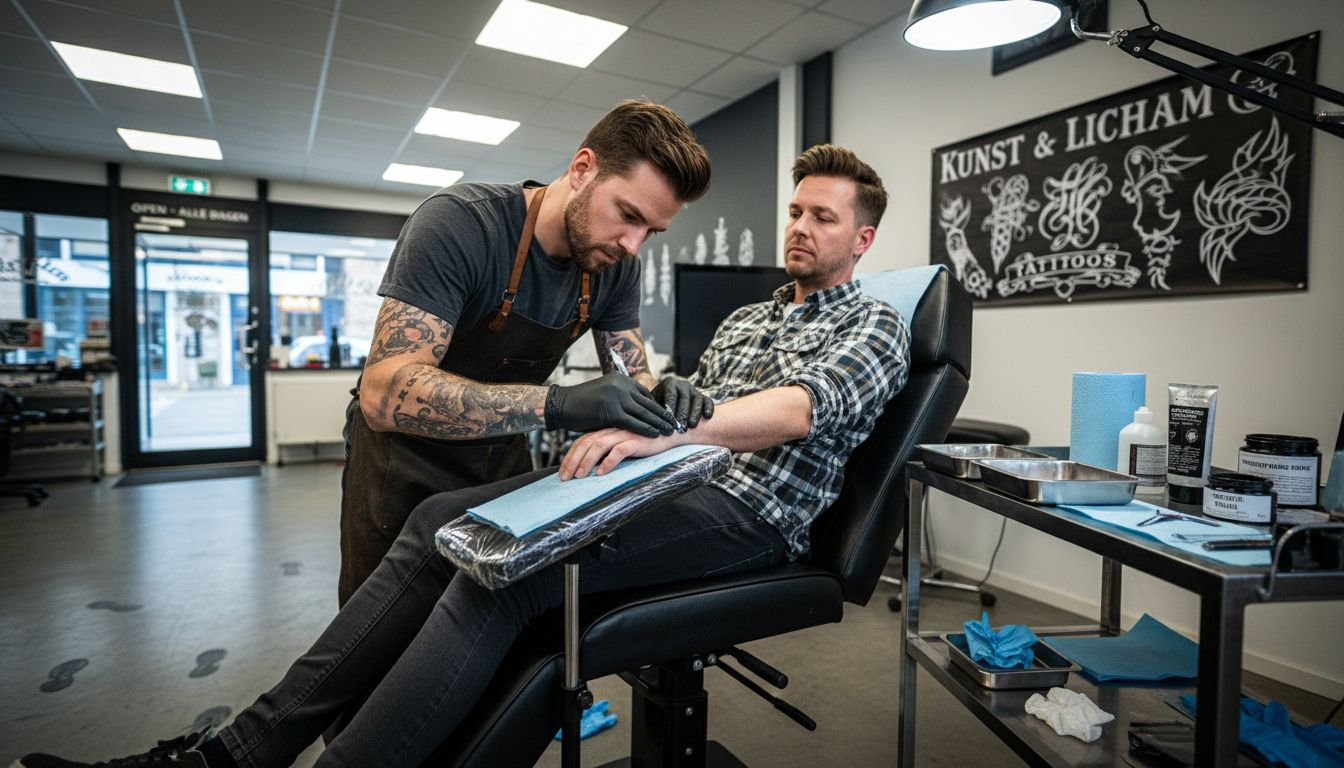 De tatoeëerder brengt verdovende crème aan voordat hij begint met tatoeëren.