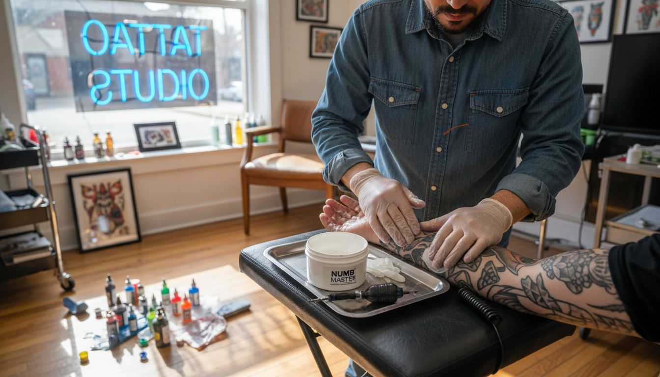 Tattoo artist applying numbing cream