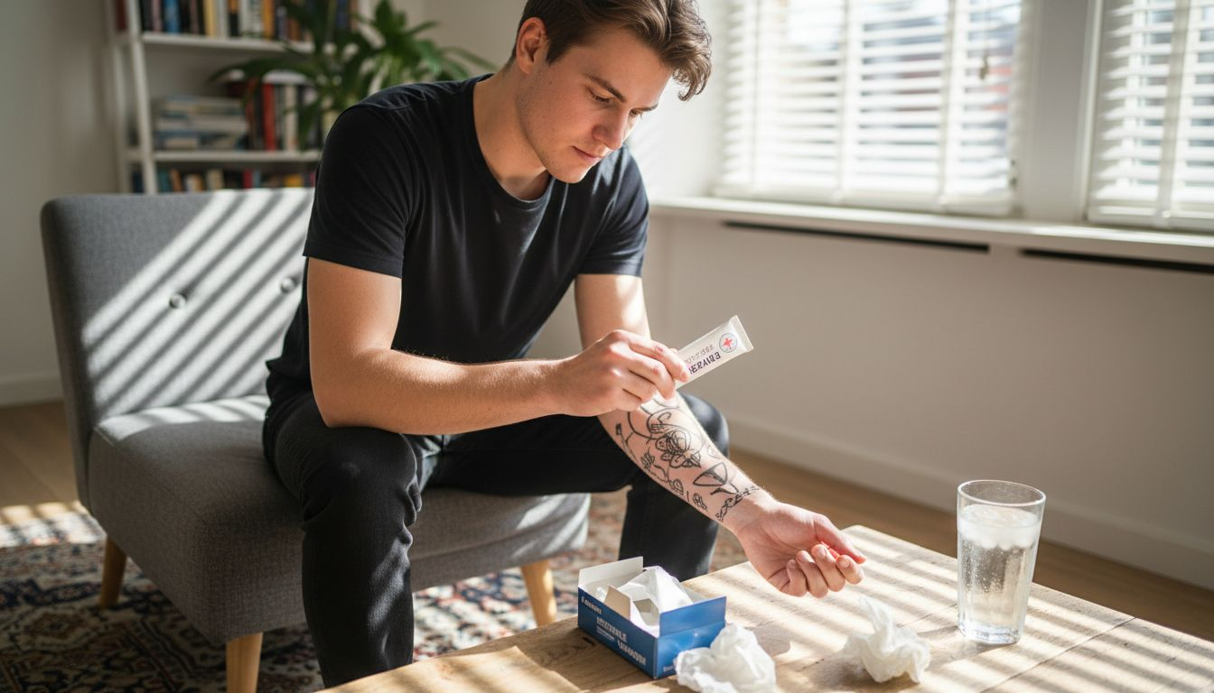 Iemand brengt voorzichtig een verzorgende zalf aan op zijn pas gezette tattoo.