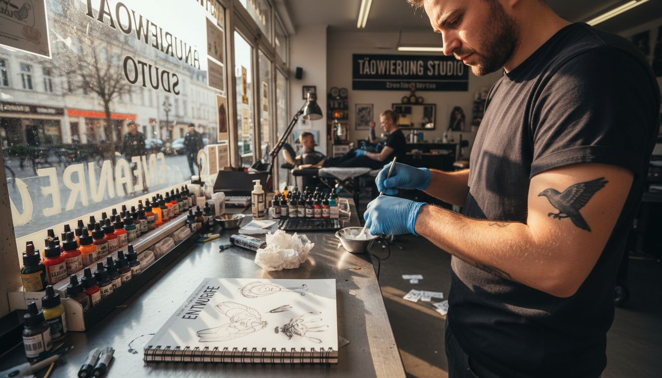 Ein Tätowierer bereitet im Studio eine betäubende Creme für seine Kundin vor.