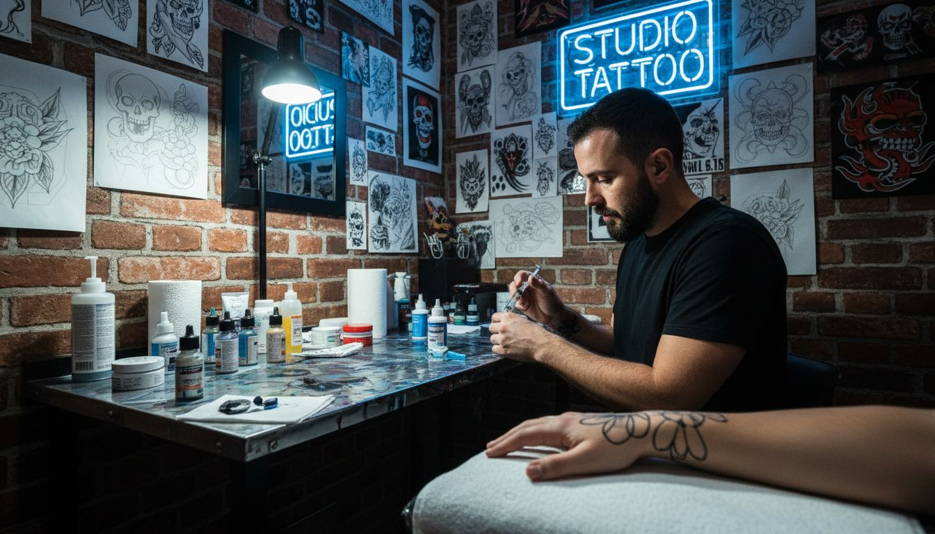 Artista del tatuaje preparando anestesia en un estudio especializado en realismo