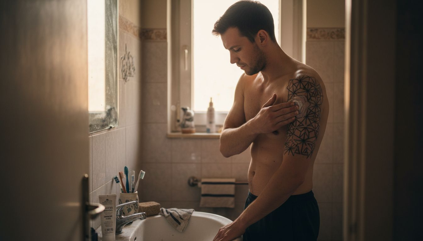 Muž si pečlivě maže hojící se tetování speciální mastí.