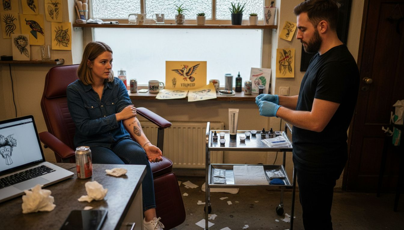 Een klant brengt verdovende crème aan ter voorbereiding op zijn tatoeage.