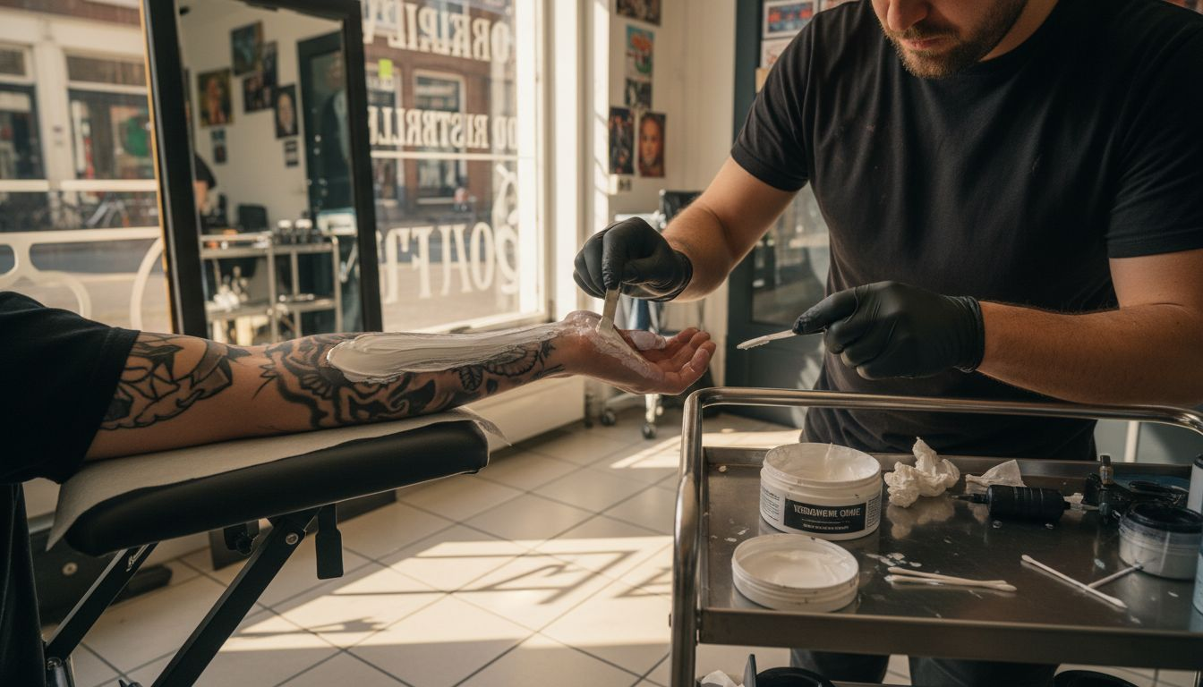 Een tatoeëerder brengt verdovende crème aan op de arm van een klant.