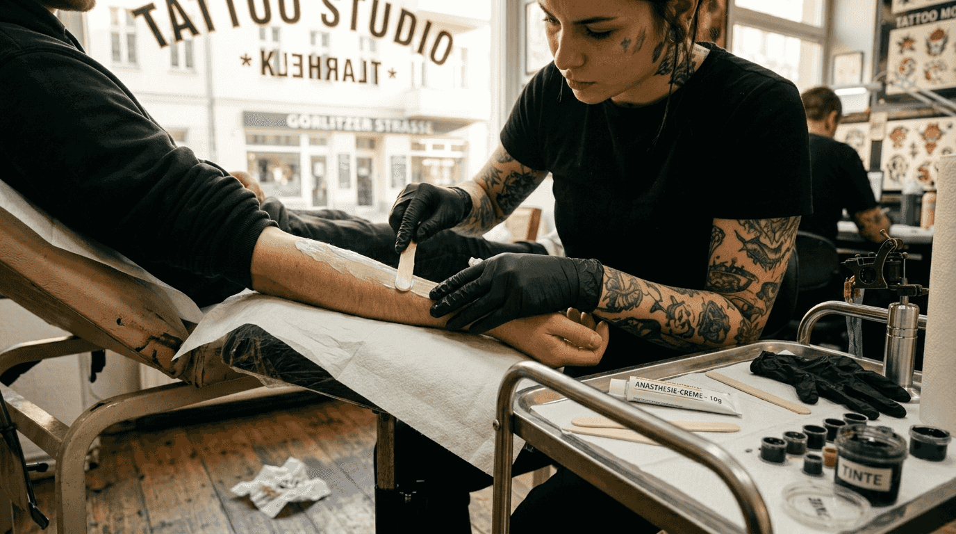 Der Tätowierer trägt eine betäubende Creme auf den Unterarm auf, um die Haut für das Stechen vorzubereiten.