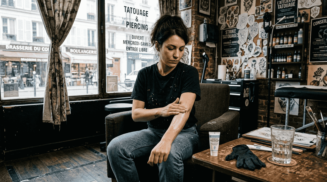 Une femme prépare sa peau en appliquant une crème avant de se faire tatouer.