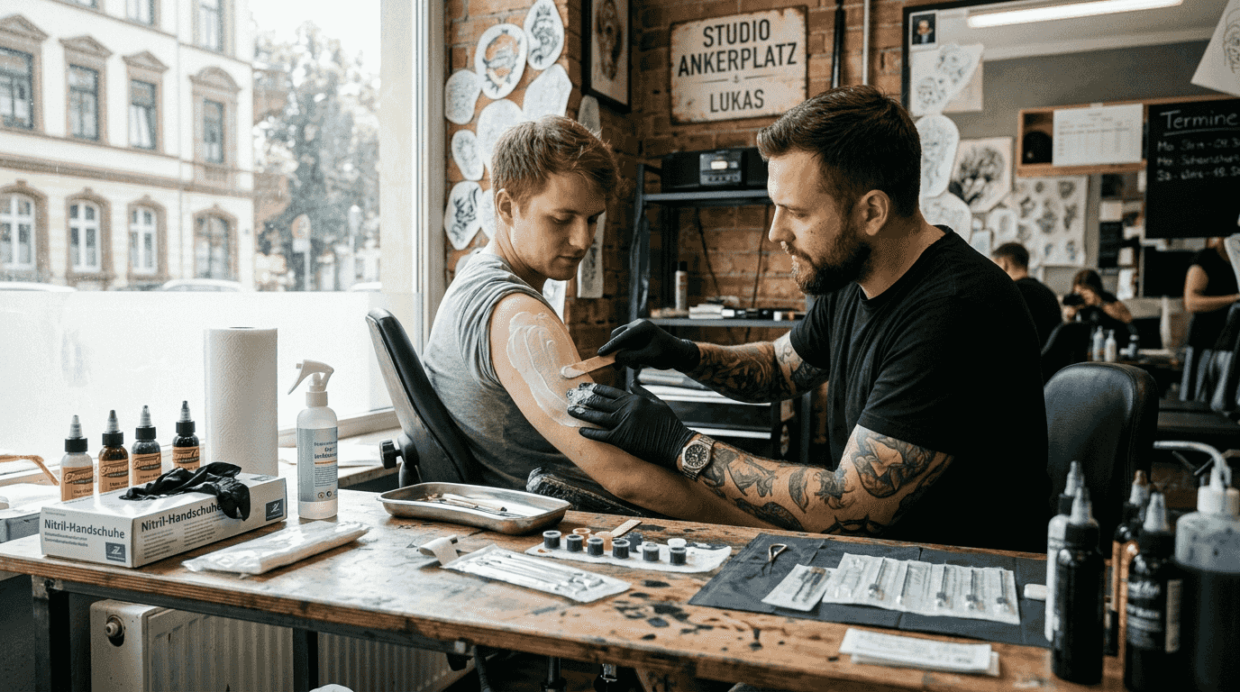 Vor Beginn der Tätowierung trägt der Tätowierer eine betäubende Creme auf, damit die Behandlung angenehmer verläuft.